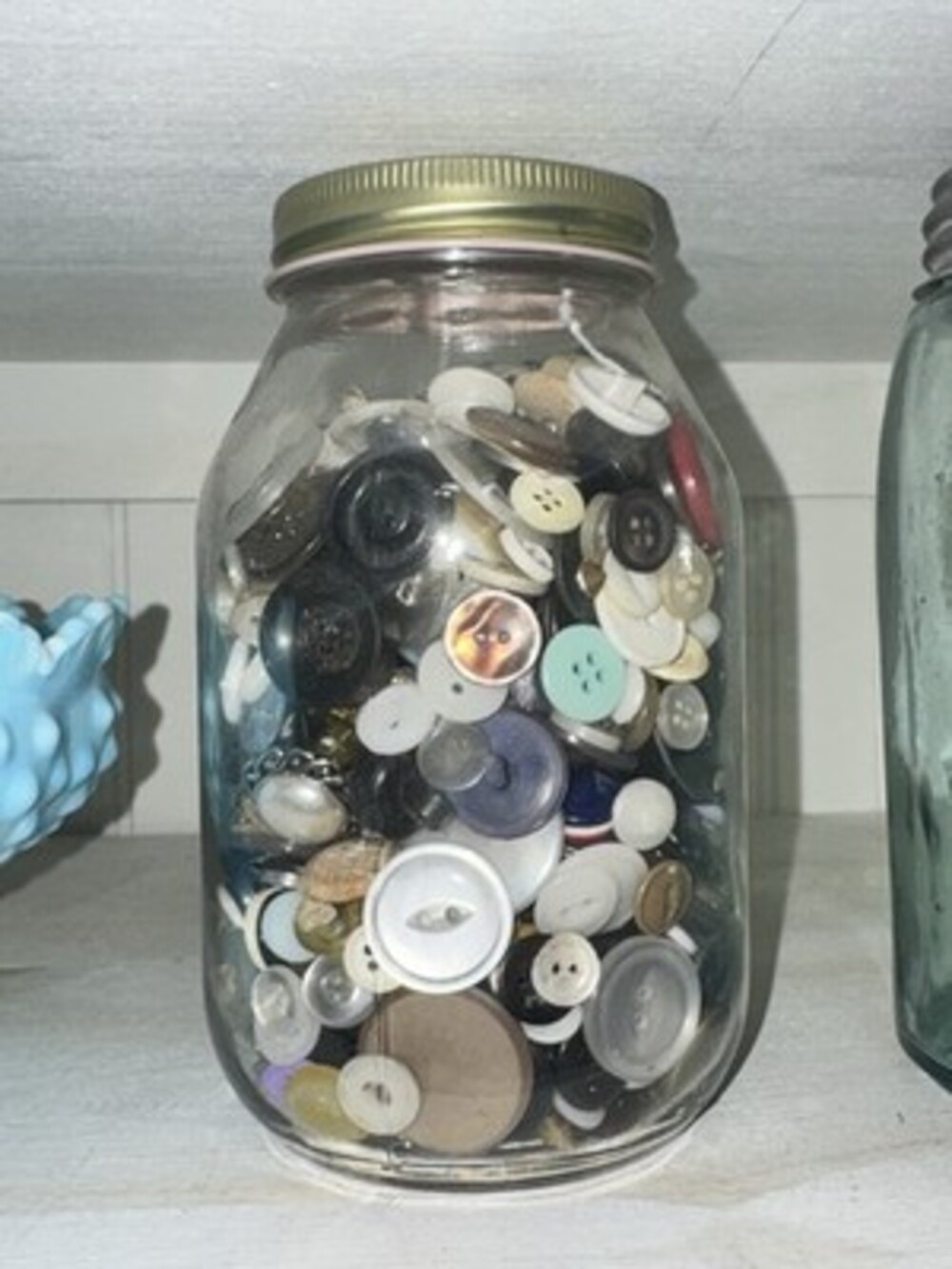 Vintage Quart Size Mason jar filled with Vintage buttons